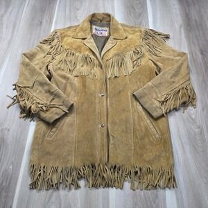Excelled Vintage Fringe Suede Leather Jacket Western Boho USA Made XL Tan Mens